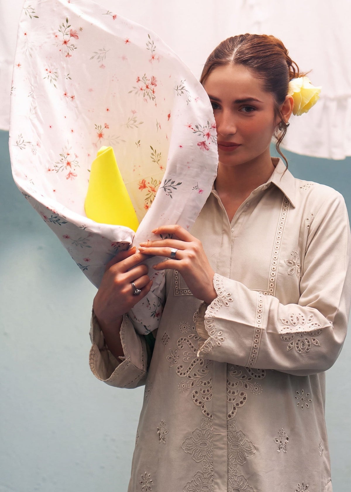 Beige Dhanak Schiffli Tunic & Plazzo Set Online in Dubai UAE Abudhabi Ajman Sharjah