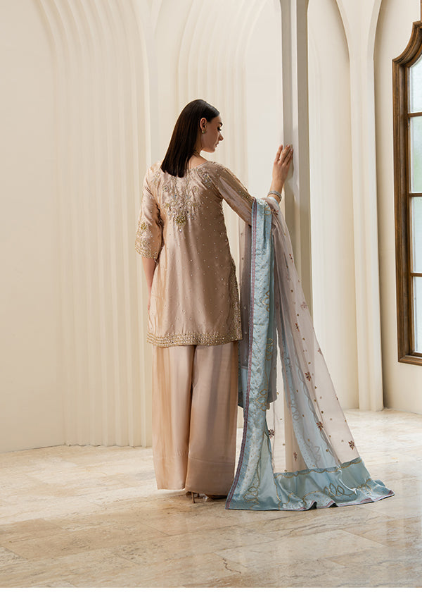 Beige Embellished Charmuse Ladies Suit Online in KSA Riyadh Saudi Arabia Oman Bahrain Qatar