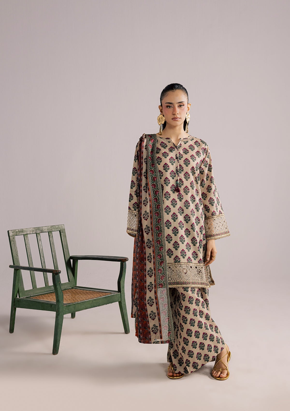Beige Embellished Lawn Dress Material Online in Dubai DXB UAE Abudhabi Meena Bazaar