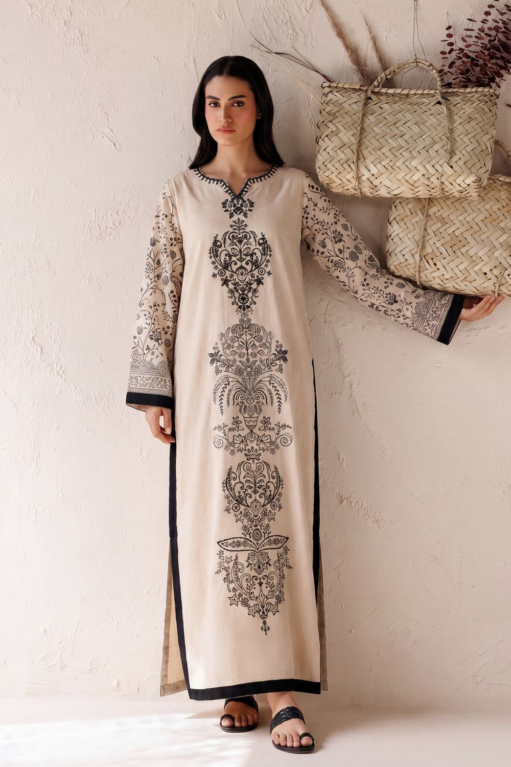 Beige Embellished Lawn Kaftan Online in Dubai UAE Abudhabi Ajman Sharjah