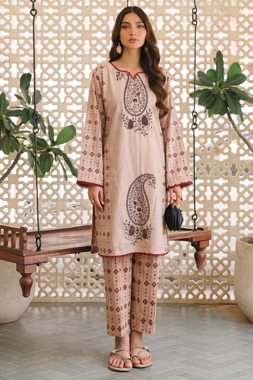 Beige Embellished Lawn Straight Cut Kurta Online in Dubai UAE Abudhabi Ajman Sharjah