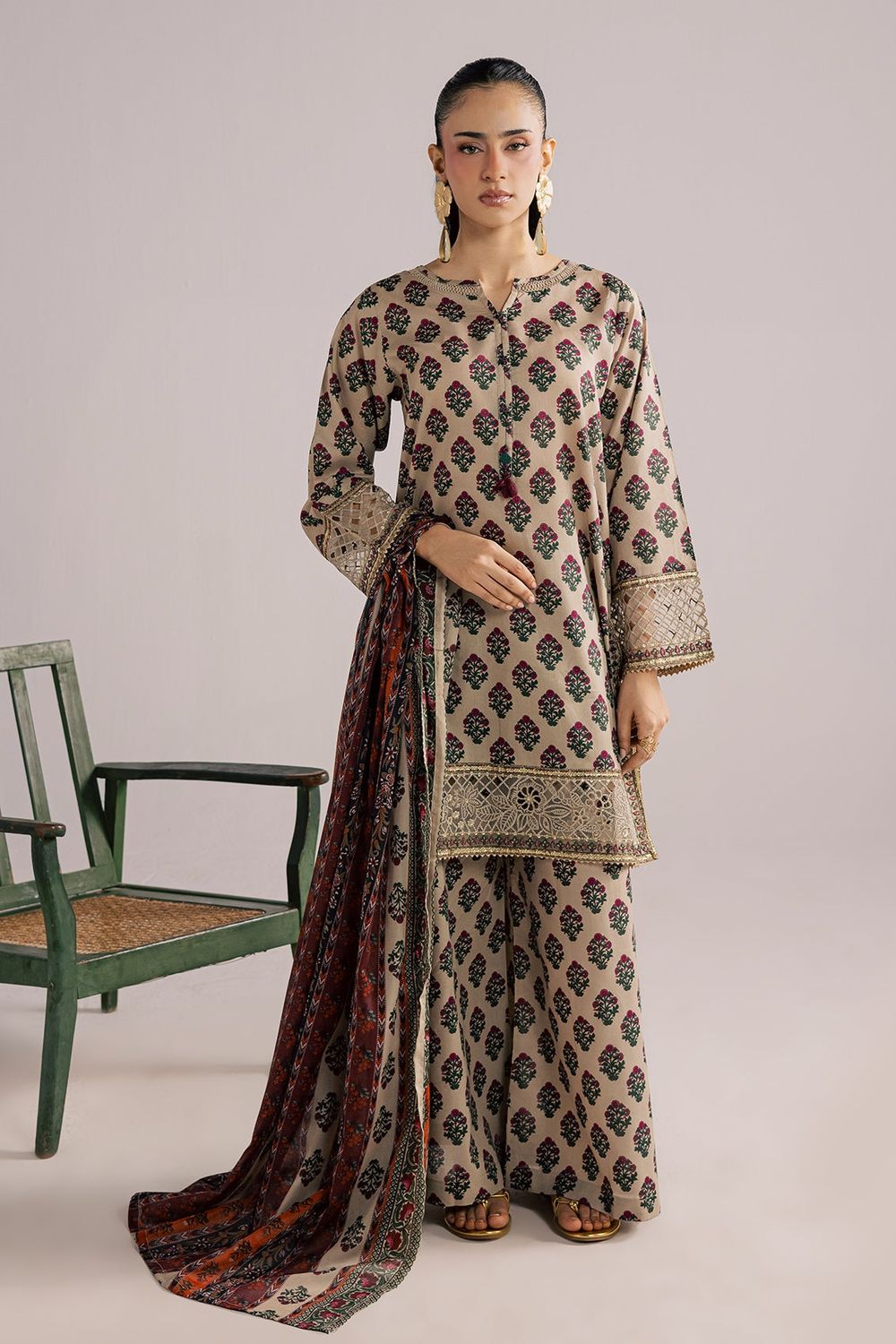 Beige Embellished Lawn Suit Online in Dubai UAE Abudhabi Ajman Sharjah