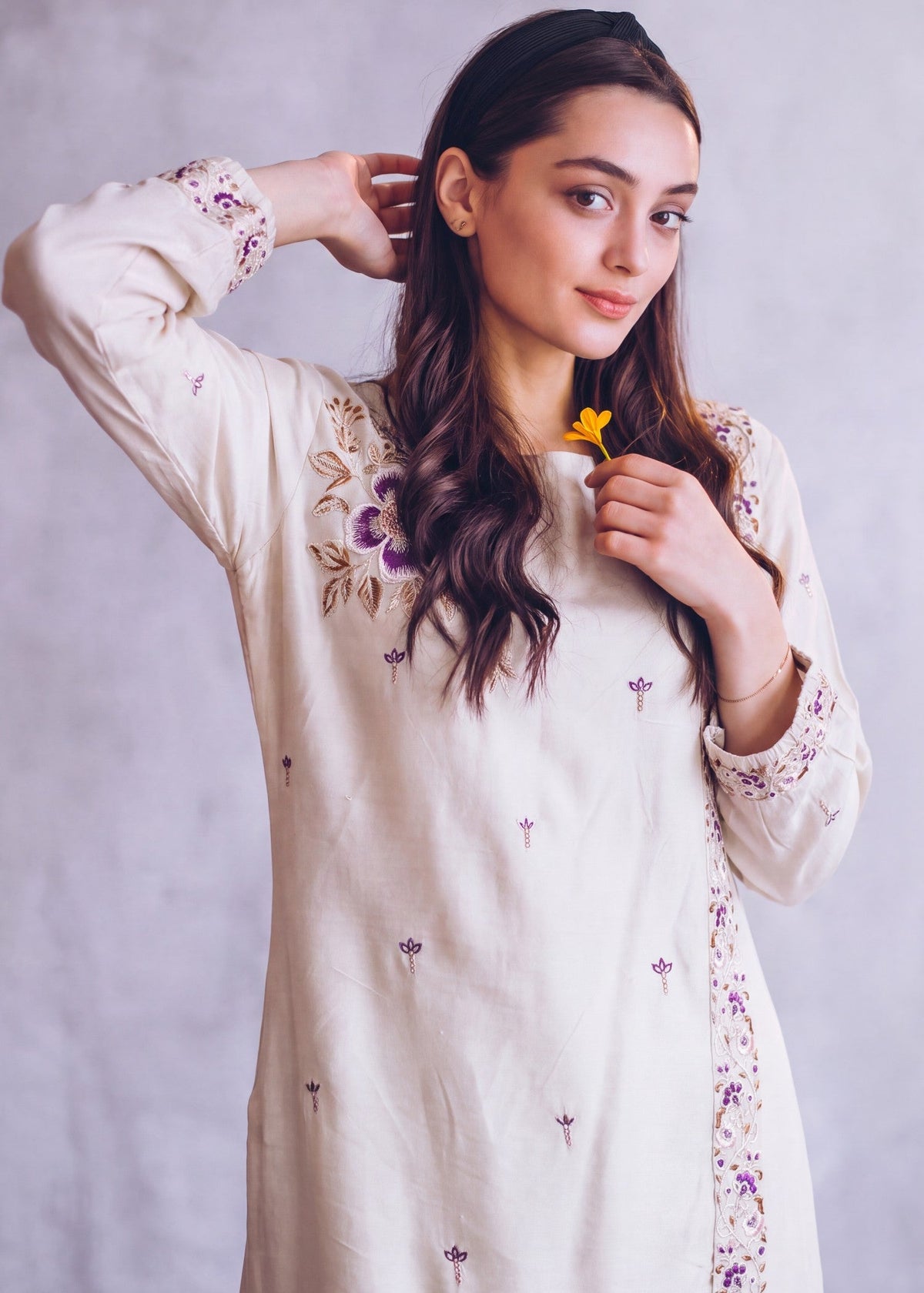 Beige Embellished Linen Kurta Set Online in Dubai DXB UAE Abudhabi Meena Bazaar