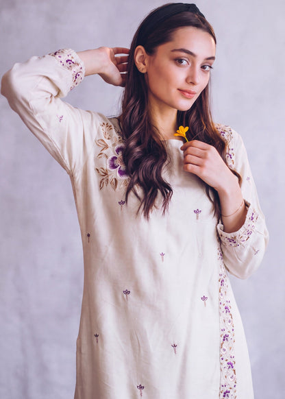 Beige Embellished Linen Kurta Set Online in Dubai DXB UAE Abudhabi Meena Bazaar