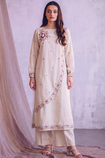 Beige Embellished Linen Kurta Set Online in Dubai UAE Abudhabi Ajman Sharjah