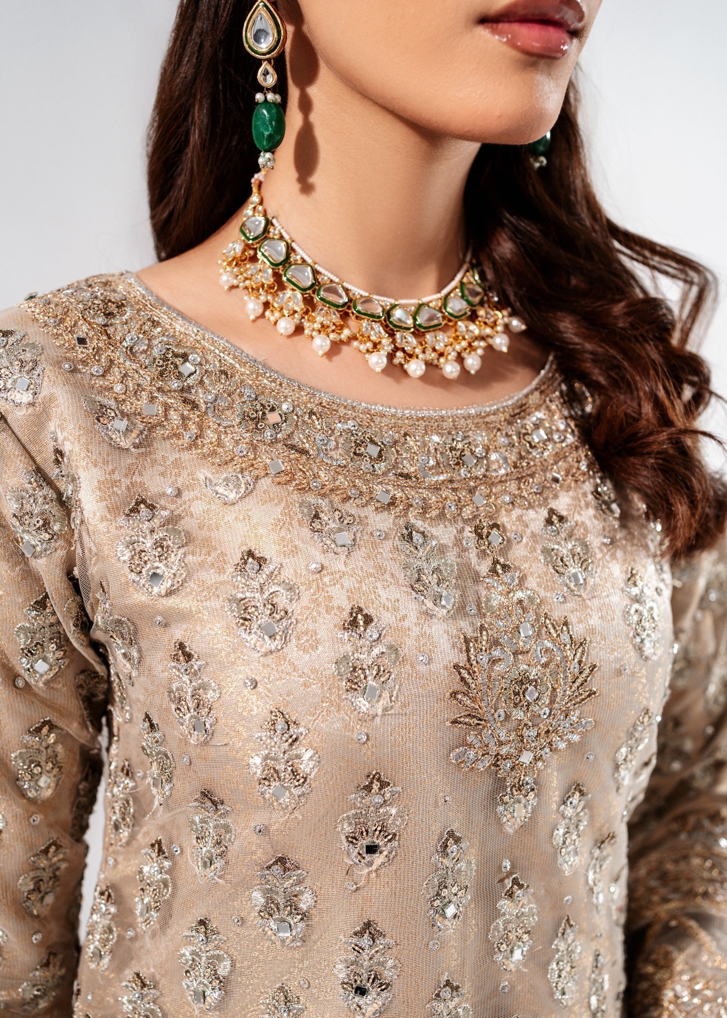 Beige Embellished Net Pakistani Wedding Guest Outfit Online in Dubai UAE Abudhabi Ajman Sharjah