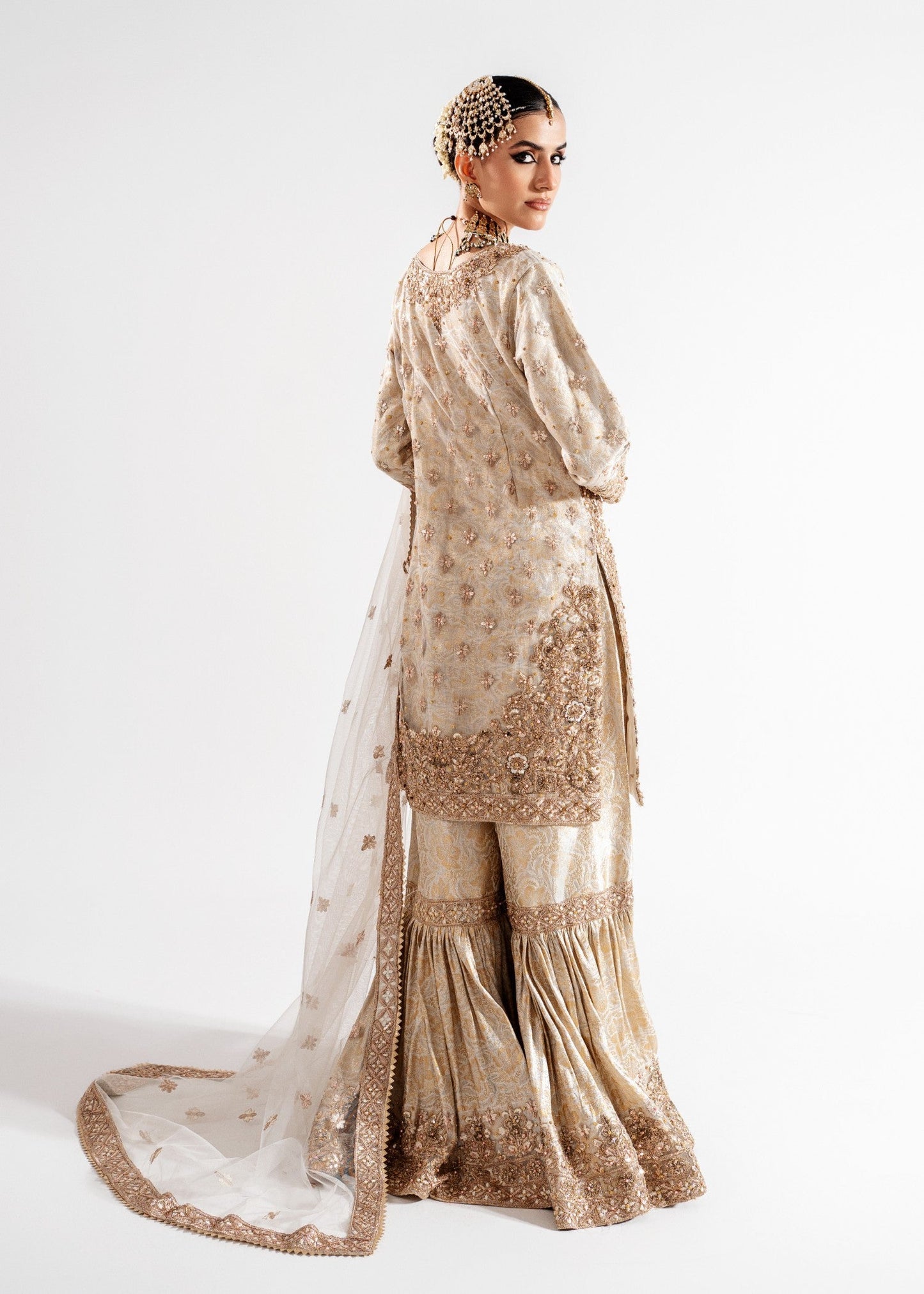 Beige Embellished Net Wedding Guest Outfit Online in Dubai UAE Abudhabi Ajman Sharjah