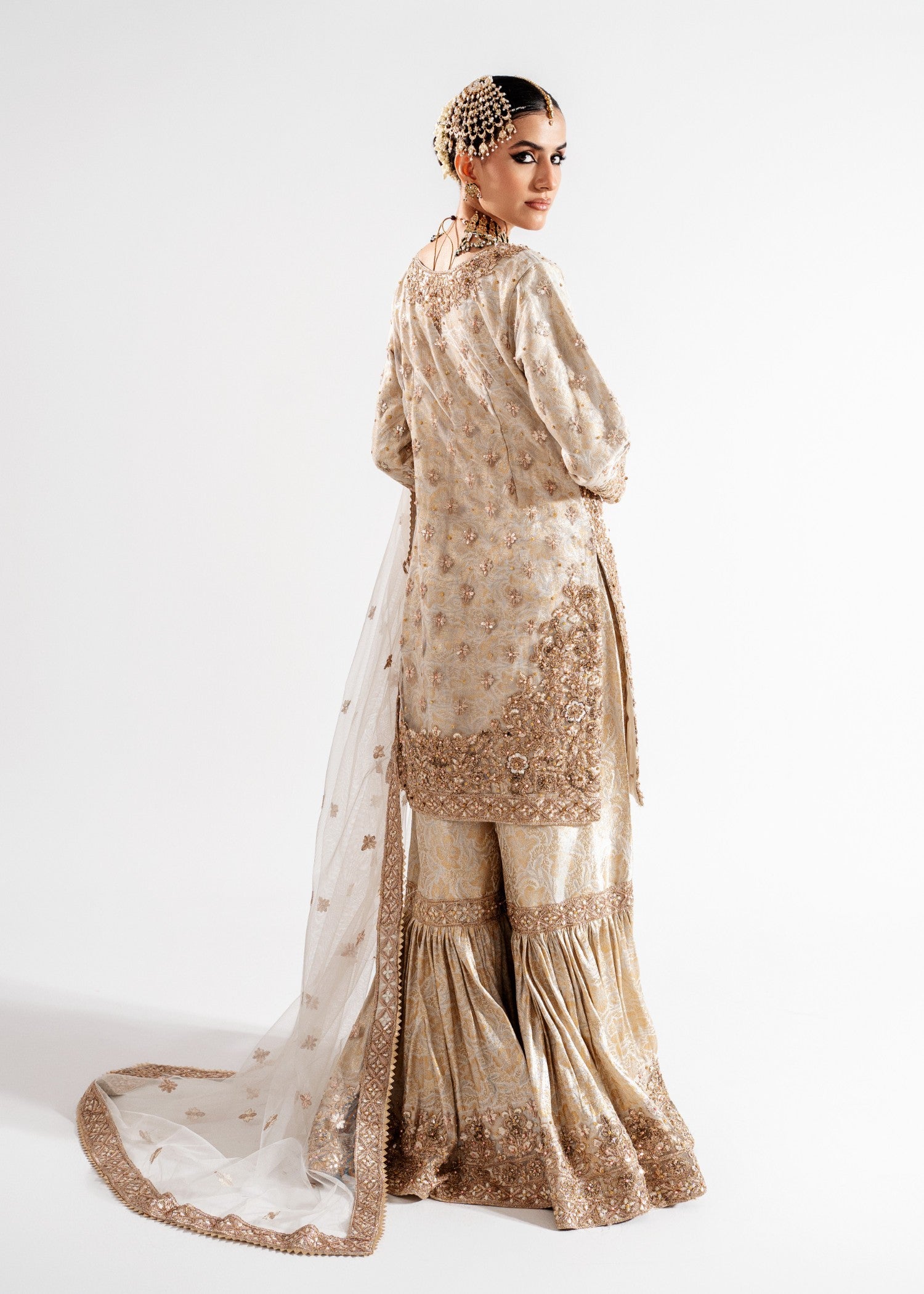 Beige Embellished Net Wedding Guest Outfit Online in Dubai UAE Abudhabi Ajman Sharjah