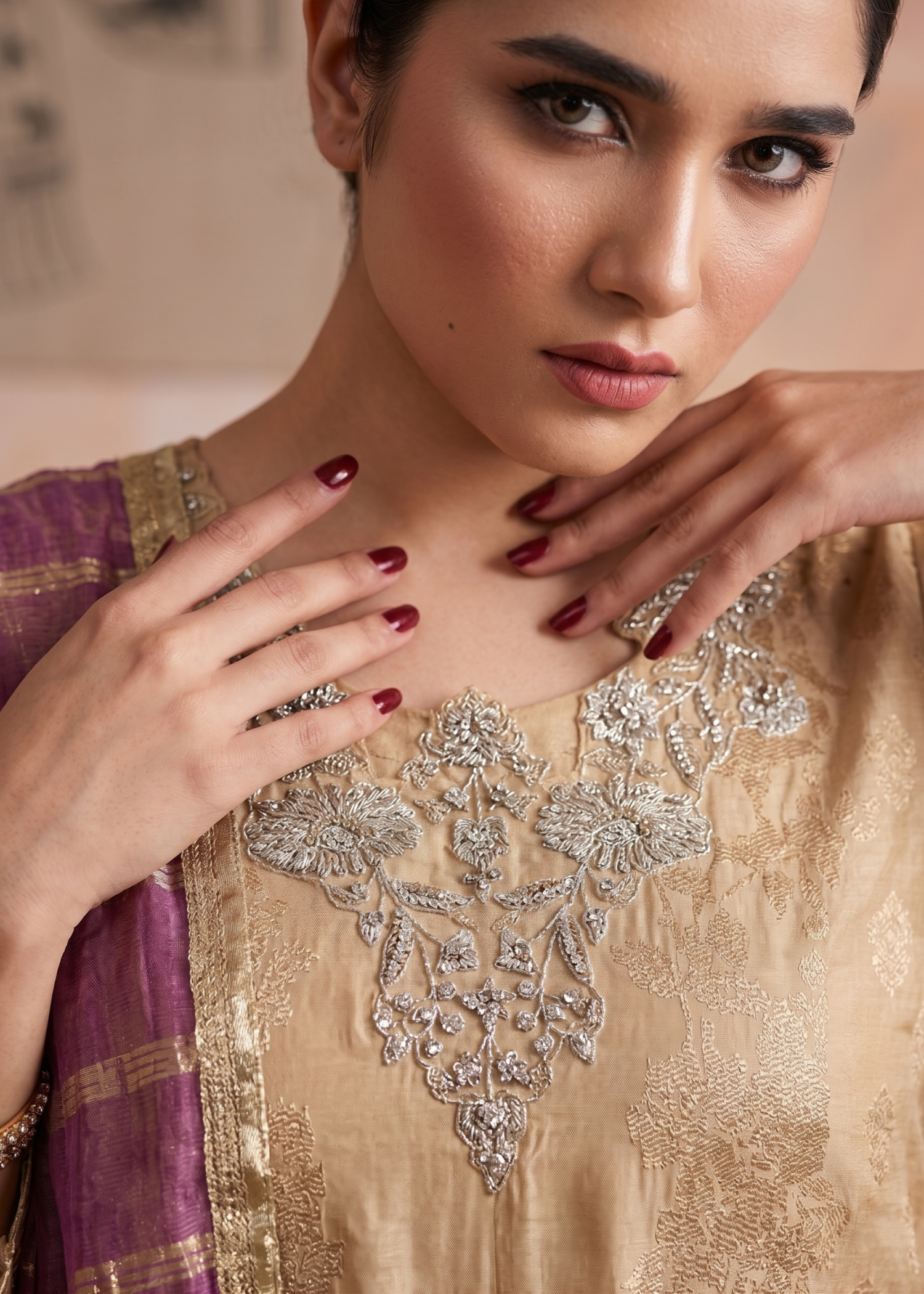 Beige Embroidered 3 Piece Festive Suit Online in Dubai DXB UAE Abudhabi Meena Bazaar