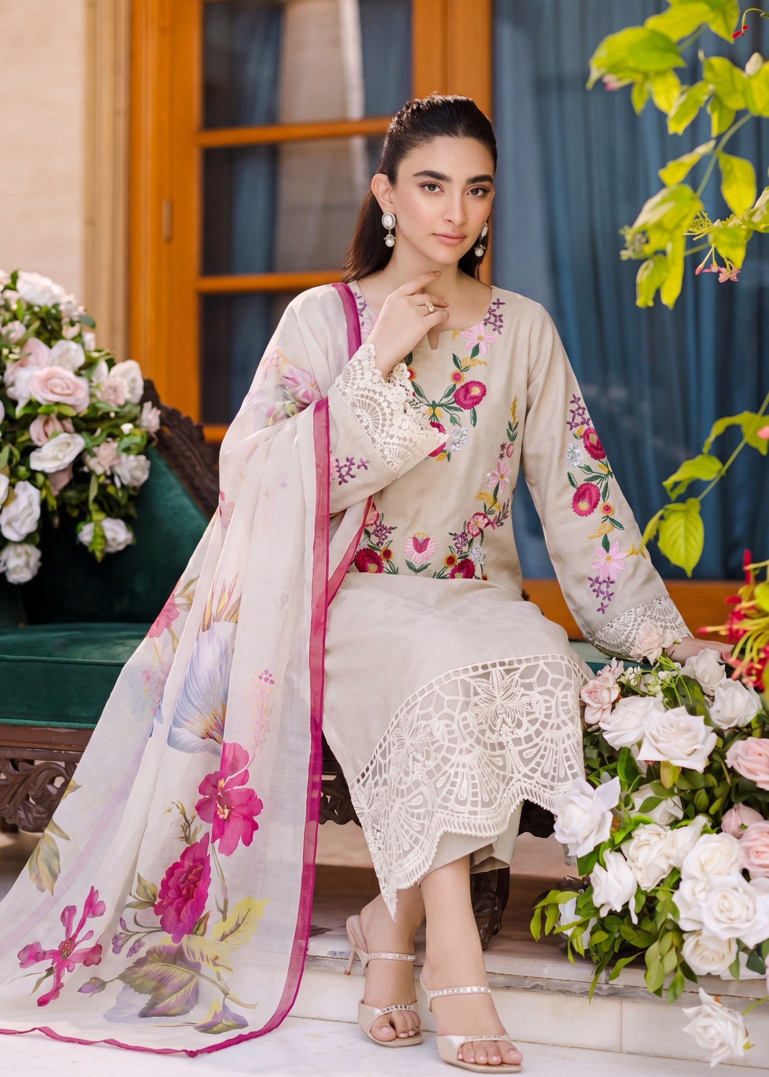 Beige Embroidered 3 Piece Suit Online in Dubai DXB UAE Abudhabi Meena Bazaar