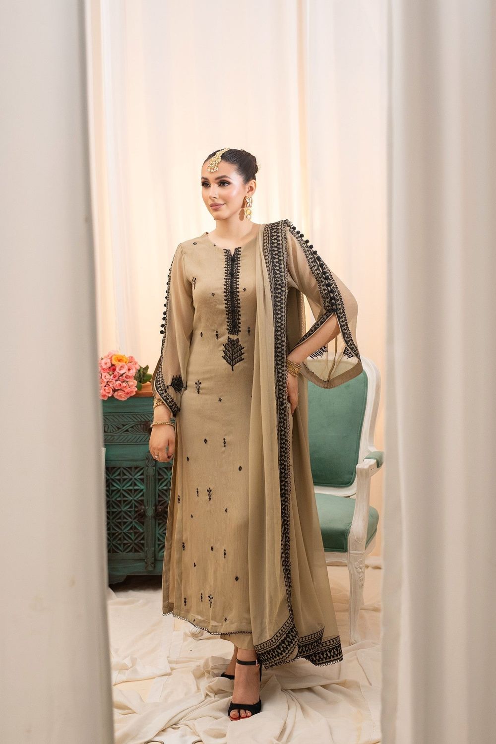 Beige Embroidered Bemberg Crinkle Chiffon Partywear Suit Online in Dubai UAE Abudhabi Ajman Sharjah