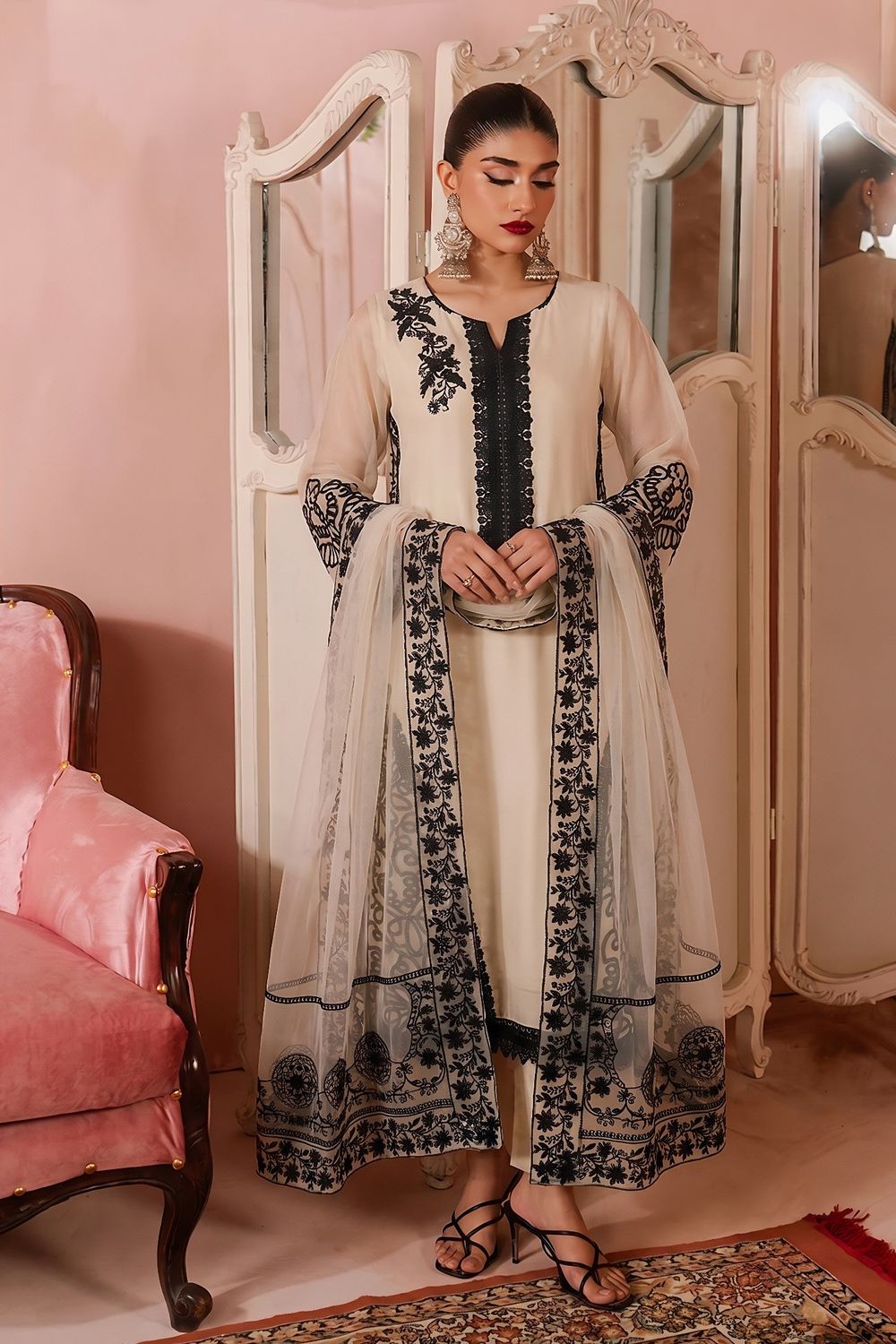 Beige Embroidered Chiffon Festive Kurta Set Online in Dubai UAE Abudhabi Ajman Sharjah