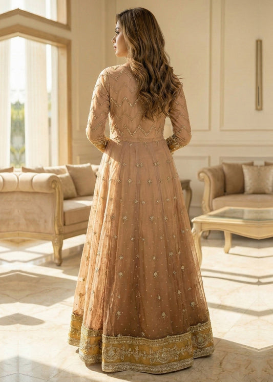Beige Embroidered Chiffon Maxi Suit Online in Dubai DXB UAE Abudhabi Meena Bazaar