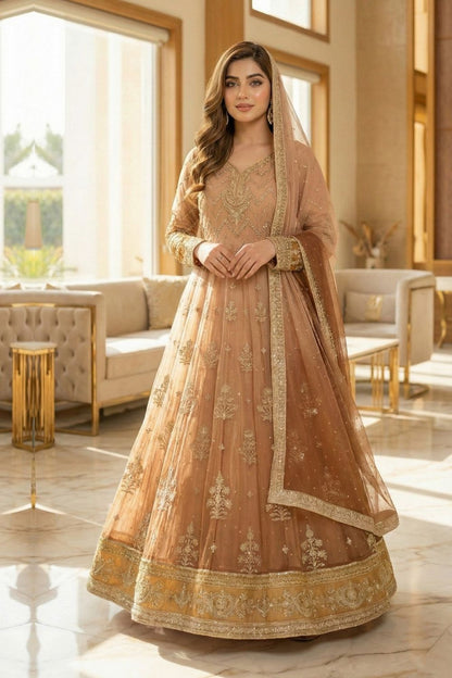 Beige Embroidered Chiffon Maxi Suit Online in Dubai UAE Abudhabi Ajman Sharjah