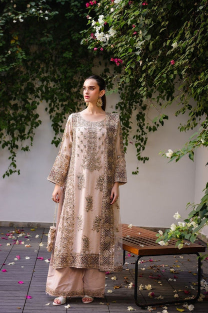 Beige Embroidered Chiffon Partywear Suit Online in Dubai UAE Abudhabi Ajman Sharjah