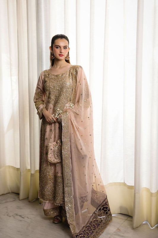 Beige Embroidered Chiffon Partywear Suit Online in Dubai UAE Abudhabi Ajman Sharjah
