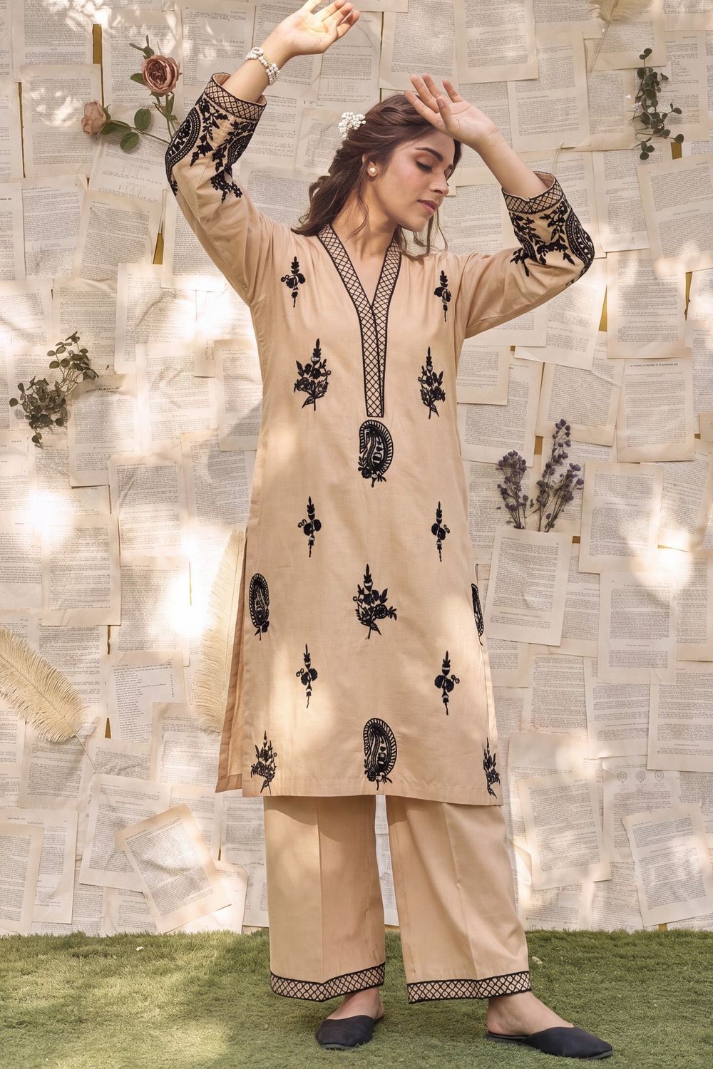 Beige Embroidered Cotton Salwar Kameez Online in Dubai UAE Abudhabi Ajman Sharjah