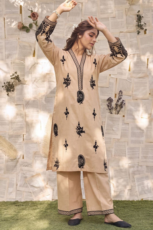 Beige Embroidered Cotton Salwar Kameez Online in Dubai UAE Abudhabi Ajman Sharjah