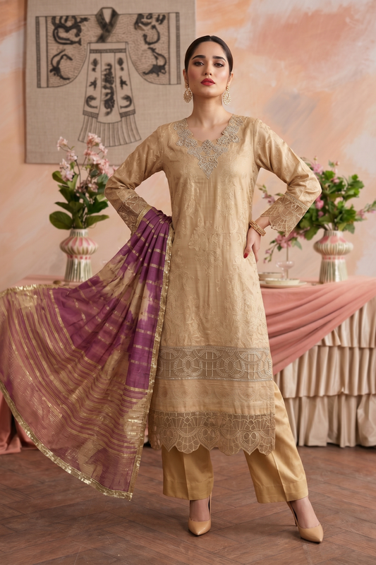 Beige Embroidered Jacquard Festive Suit Online in Dubai UAE Abudhabi Ajman Sharjah