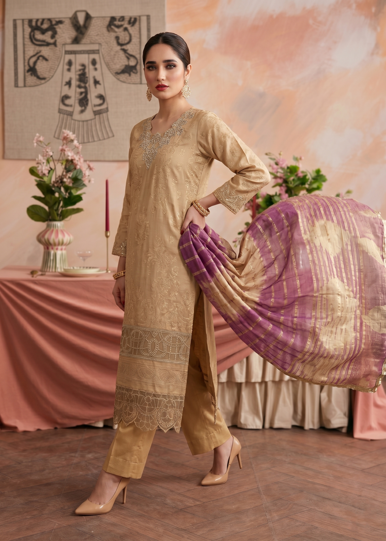 Beige Embroidered Jacquard Festive Wear Online in Sri Lanka India Australia