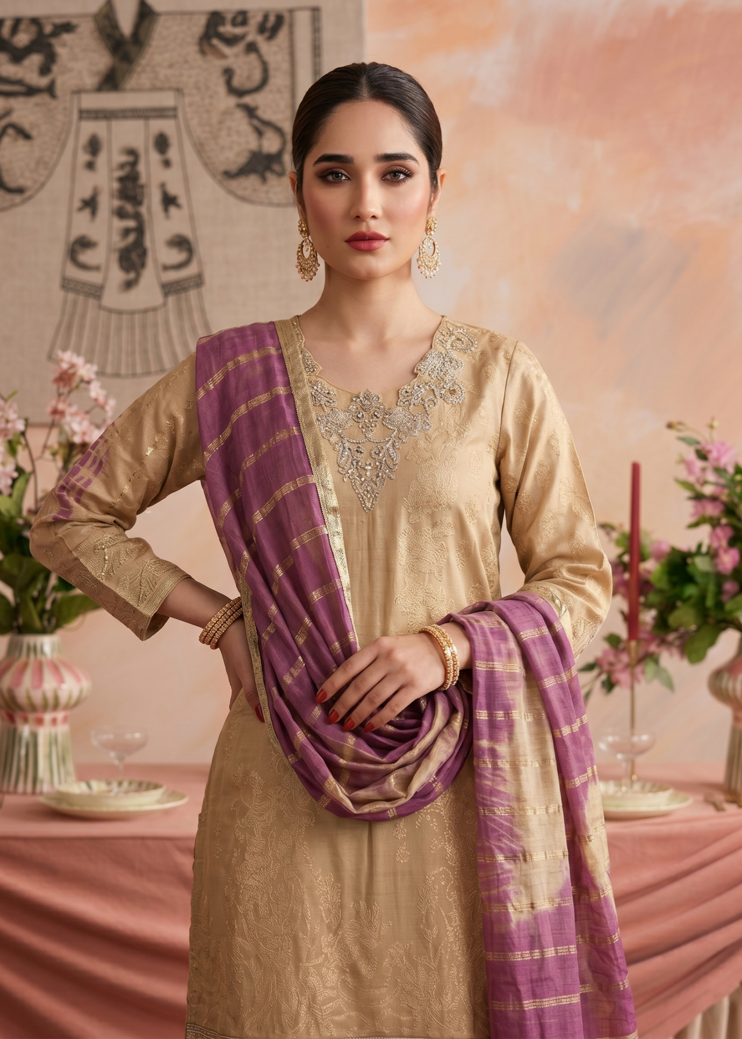 Beige Embroidered Jacquard Ladies Suit Online in UK USA Canada