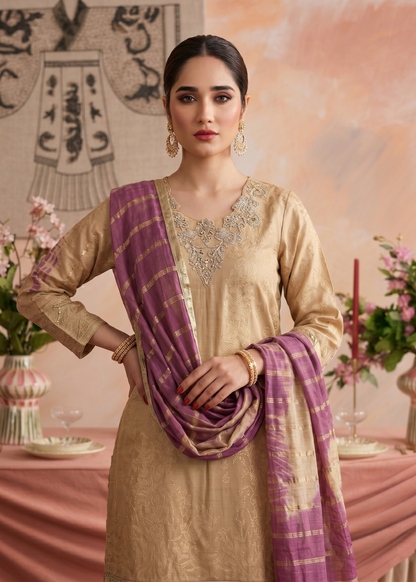 Beige Embroidered Jacquard Ladies Suit Online in UK USA Canada