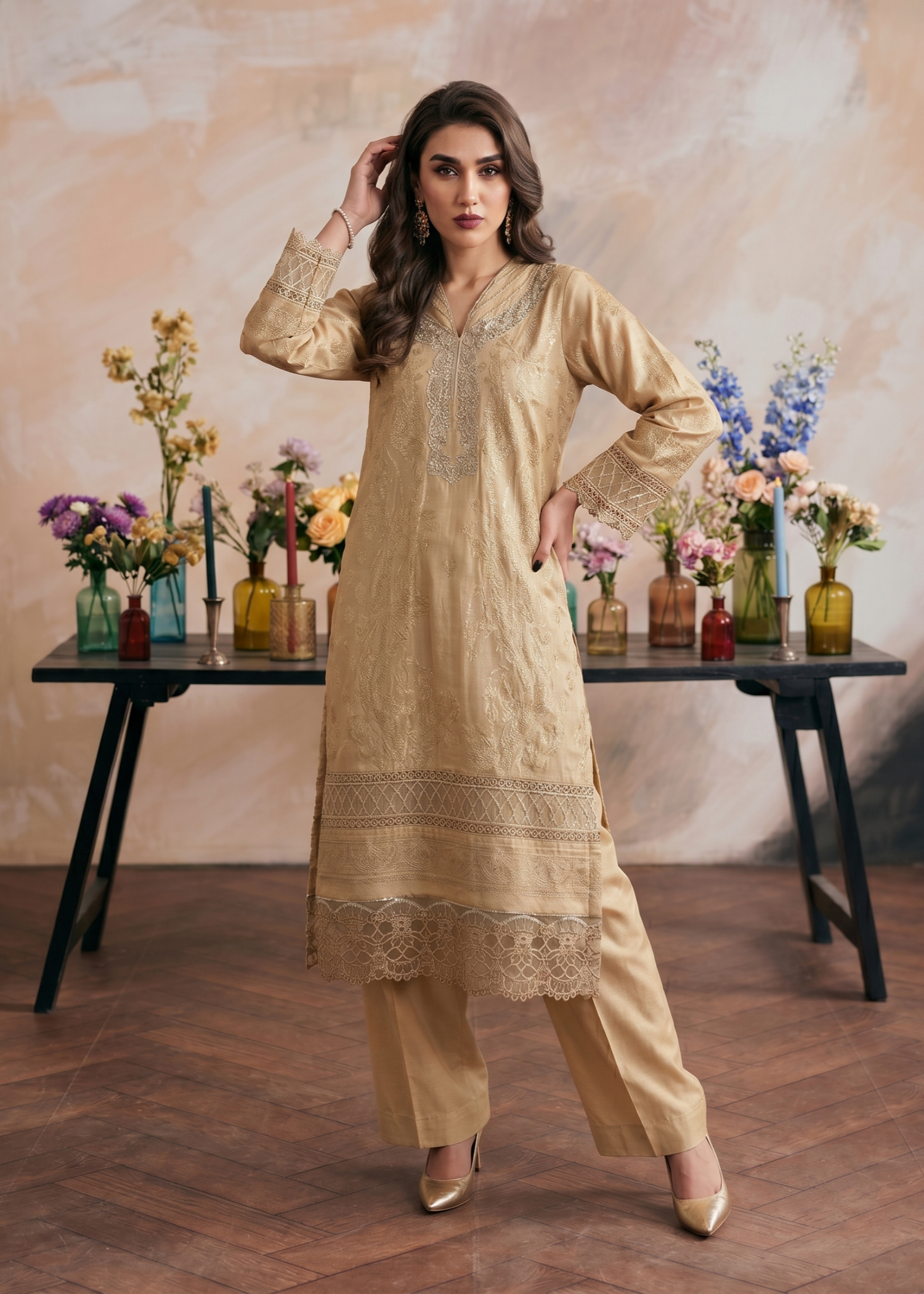 Beige Embroidered Jacquard Party Wear Salwar Suit Online in Dubai DXB UAE Abudhabi Meena Bazaar