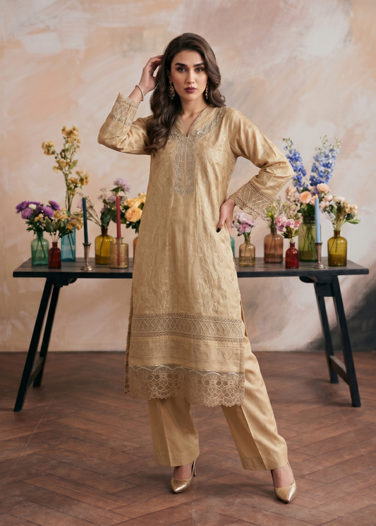 Beige Embroidered Jacquard Party Wear Salwar Suit Online in Dubai DXB UAE Abudhabi Meena Bazaar