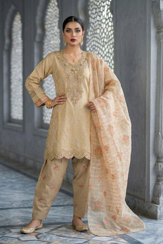 Beige Embroidered Jacquard Party Wear Suit Online in Dubai UAE Abudhabi Ajman Sharjah
