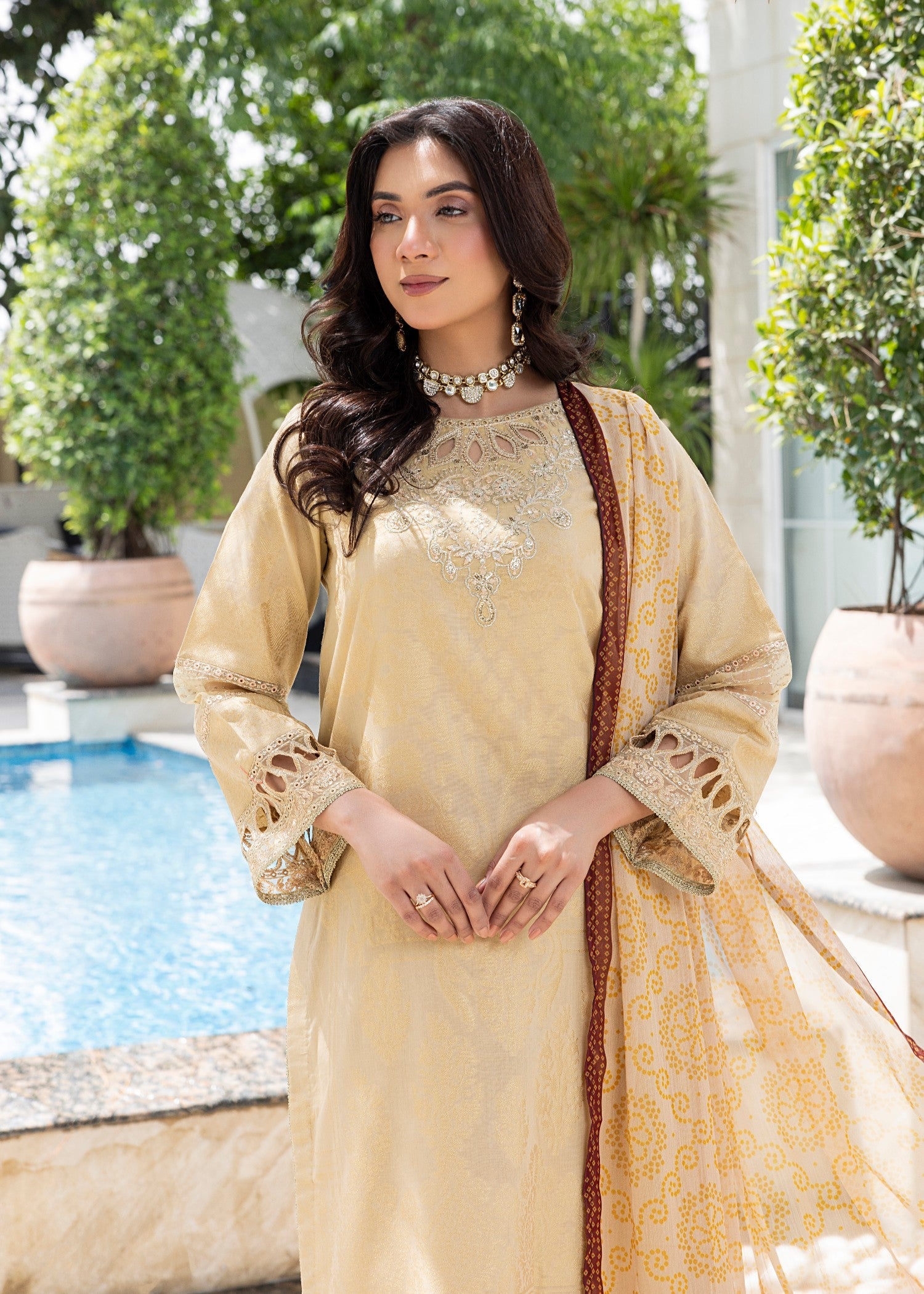 Beige Embroidered Jacquard Straight Kurta Suit Online in KSA Riyadh Saudi Arabia Oman Bahrain Qatar