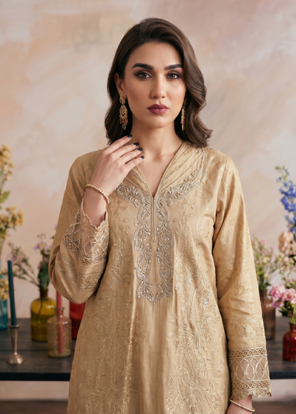 Beige Embroidered Jacquard Three Piece Outfit Online in Dubai DXB UAE Abudhabi Meena Bazaar