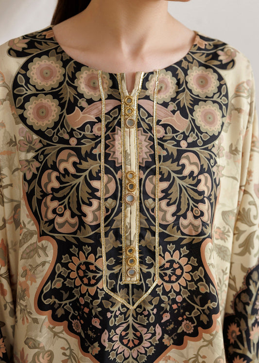 Beige Embroidered Kaftan Gown Raw Silk Online in Dubai DXB UAE Abudhabi Meena Bazaar