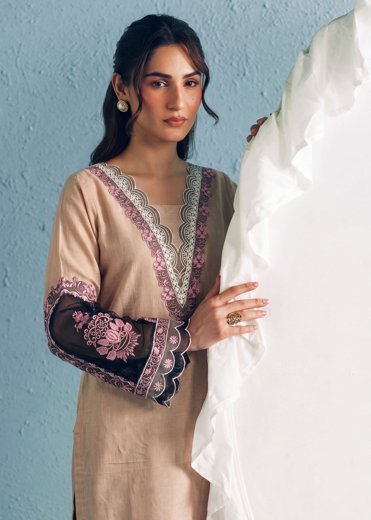 Beige Embroidered Khaddar Kurta Set Online in Dubai UAE Abudhabi Ajman Sharjah