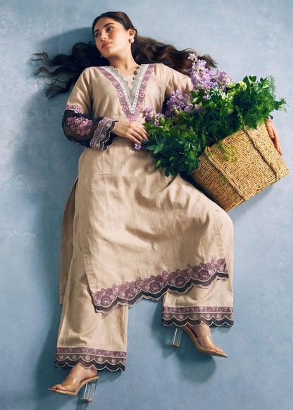 Beige Embroidered Khaddar Kurta Set Online in KSA Riyadh Saudi Arabia Oman Bahrain Qatar