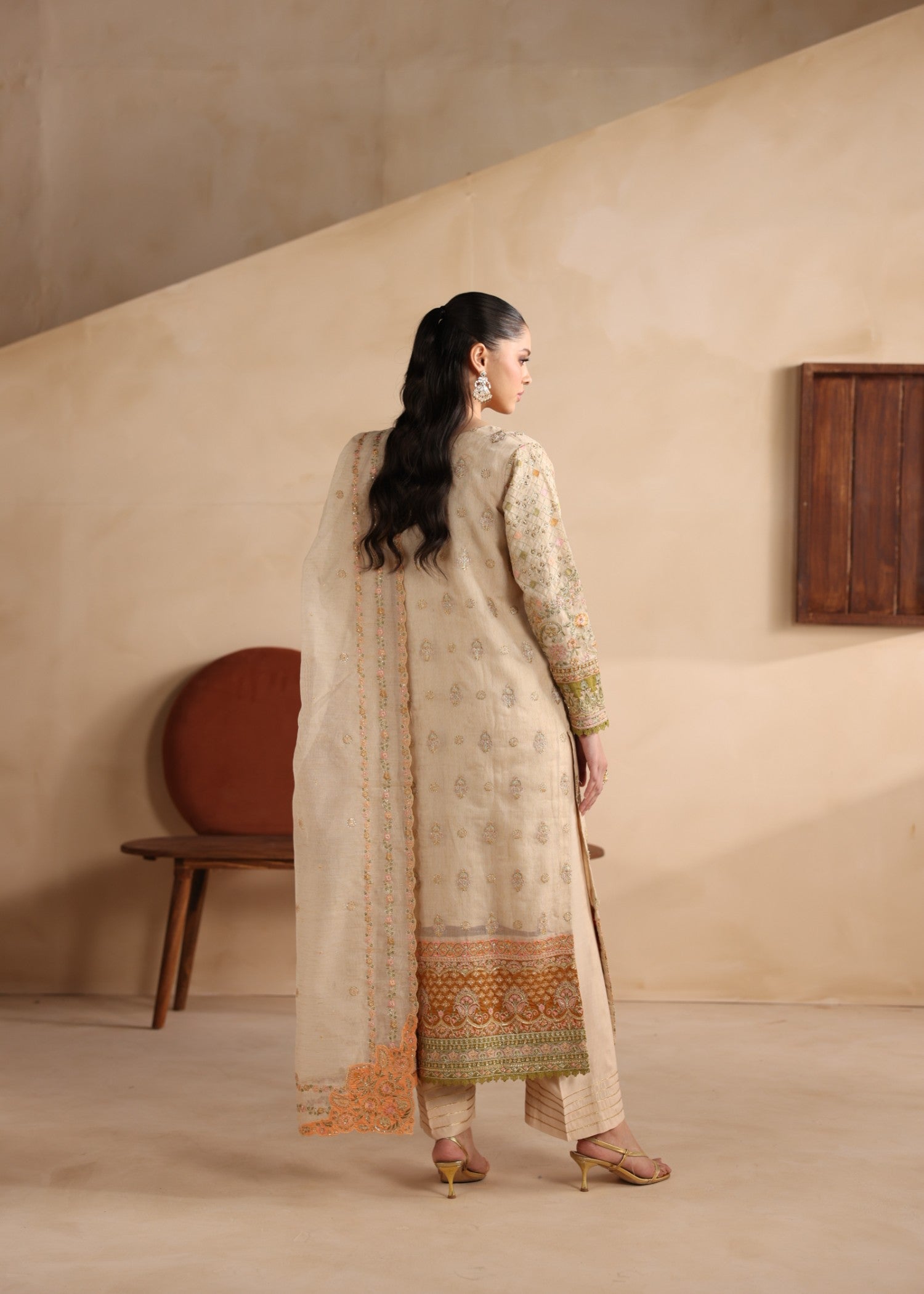 Beige Embroidered Khaddi Net Pakistani Suit Online in KSA Riyadh Saudi Arabia Oman Bahrain Qatar