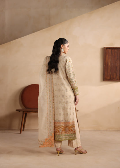 Beige Embroidered Khaddi Net Pakistani Suit Online in KSA Riyadh Saudi Arabia Oman Bahrain Qatar