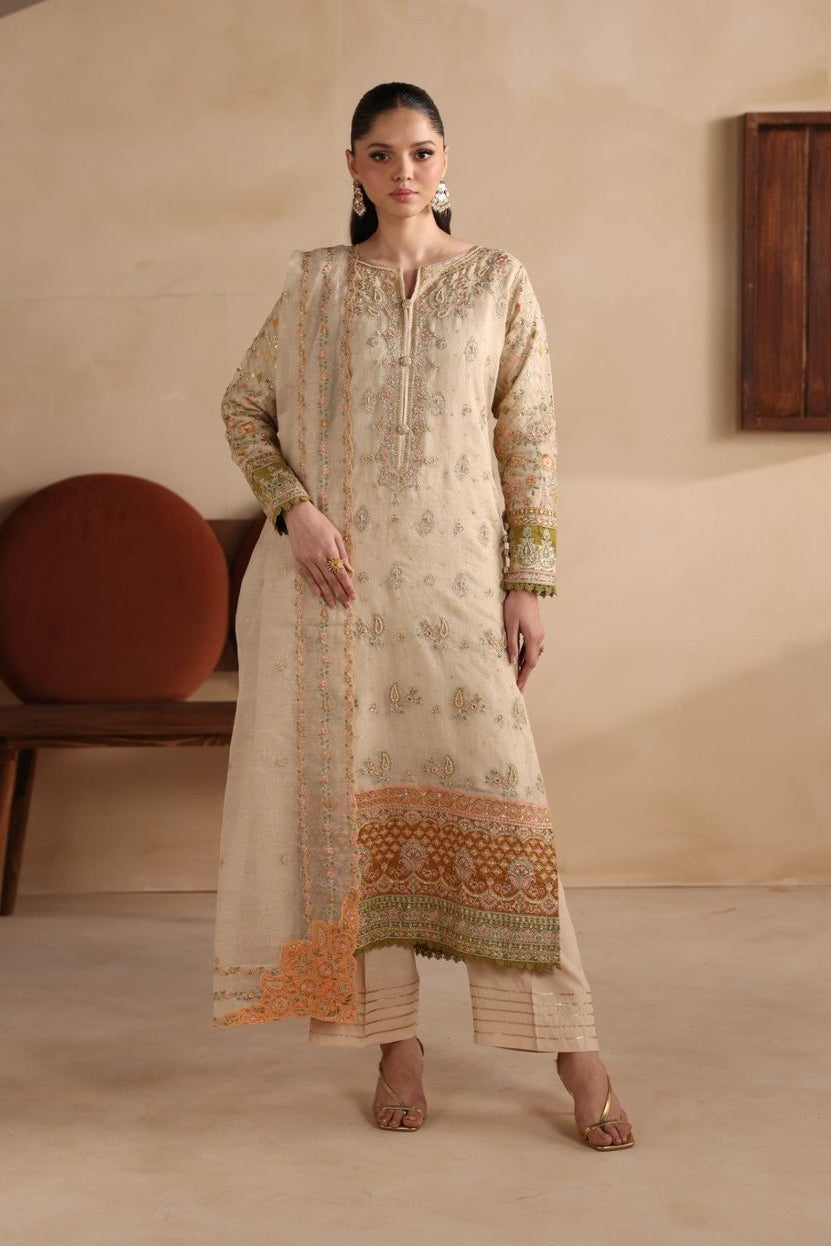 Beige Embroidered Khaddi Net Partywear Suit Online in Dubai UAE Abudhabi Ajman Sharjah