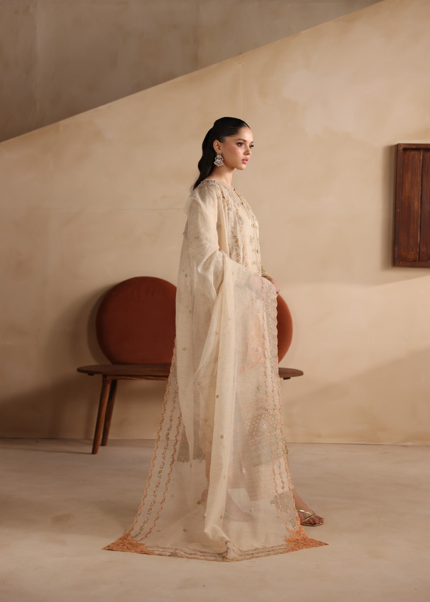 Beige Embroidered Khaddi Net Three Piece Suit Online in Dubai DXB UAE Abudhabi Meena Bazaar