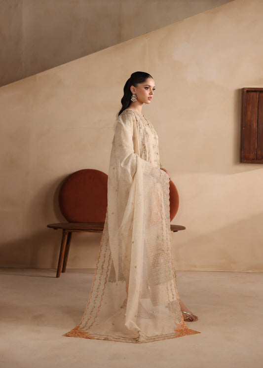 Beige Embroidered Khaddi Net Three Piece Suit Online in Dubai DXB UAE Abudhabi Meena Bazaar