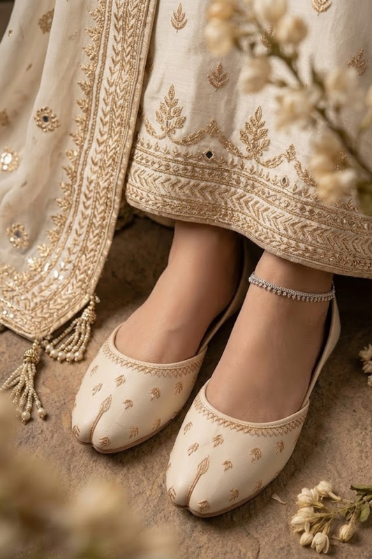 Beige Embroidered Khussa with Metallic Leaf Pattern Online in Dubai UAE Abudhabi Ajman Sharjah