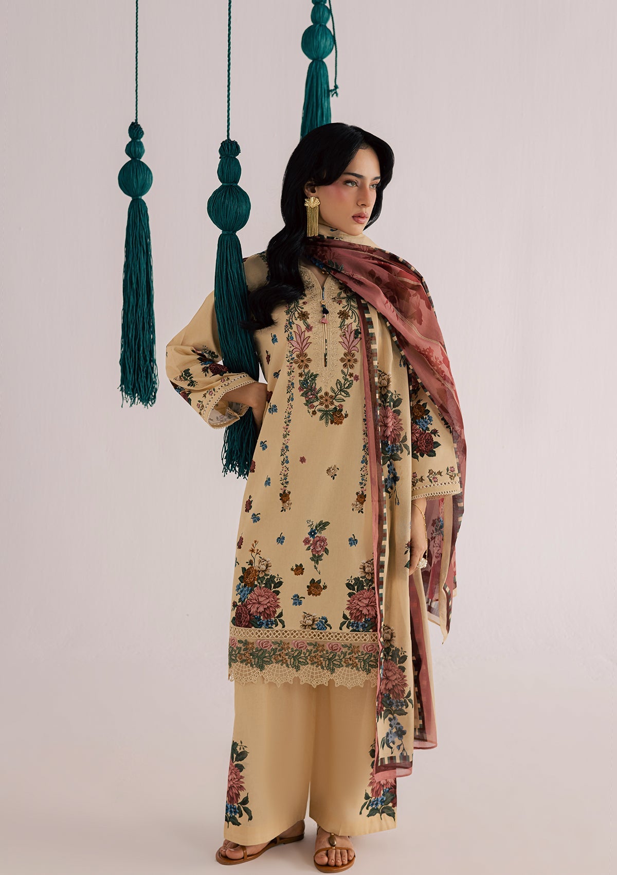 Beige Embroidered Lawn 3 Piece Suit Online in Dubai DXB UAE Abudhabi Meena Bazaar