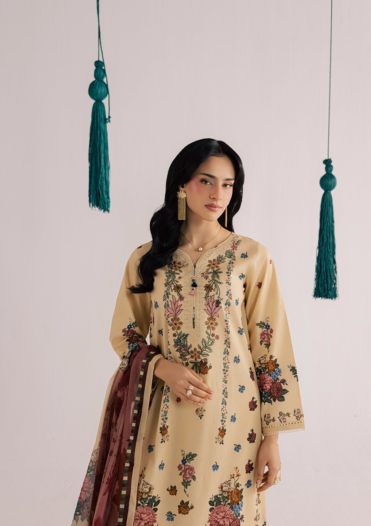 Beige Embroidered Lawn Dress Material Online in Dubai UAE Abudhabi Ajman Sharjah