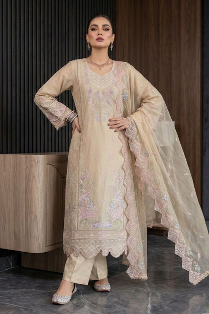 Beige Embroidered Lawn Festive Party Wear Suit Online in Dubai UAE Abudhabi Ajman Sharjah