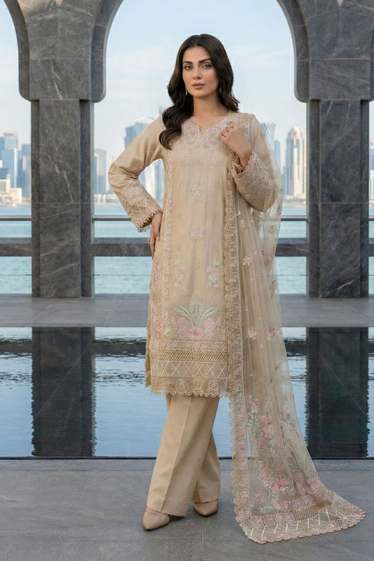 Beige Embroidered Lawn Festive Party Wear Suit Online in Dubai UAE Abudhabi Ajman Sharjah