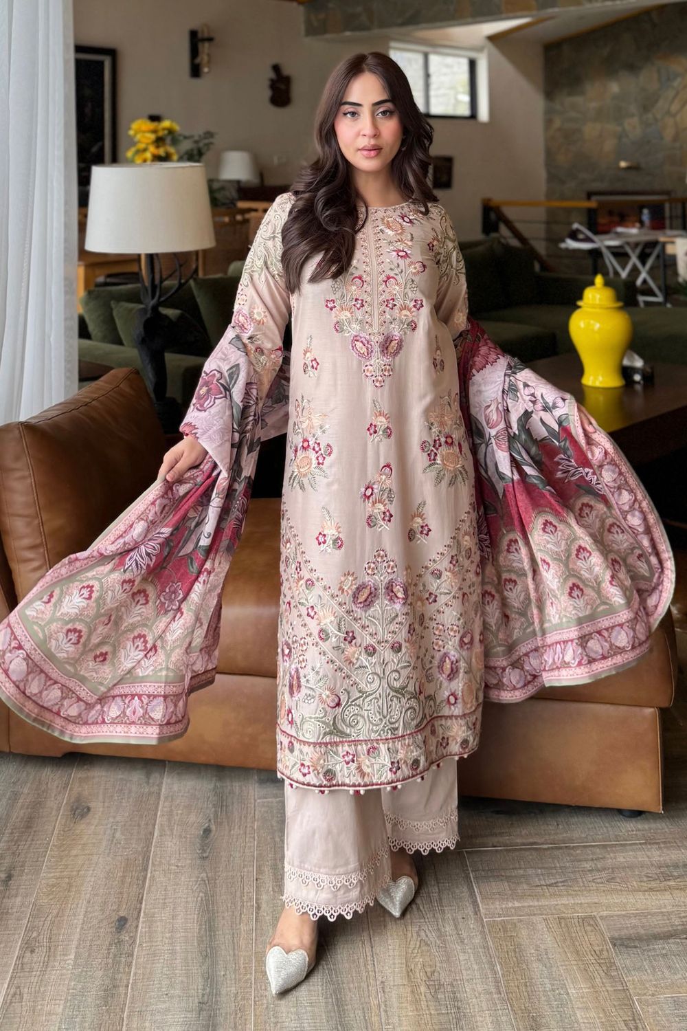 Beige Embroidered Lawn Festive Suit Online in Dubai UAE Abudhabi Ajman Sharjah