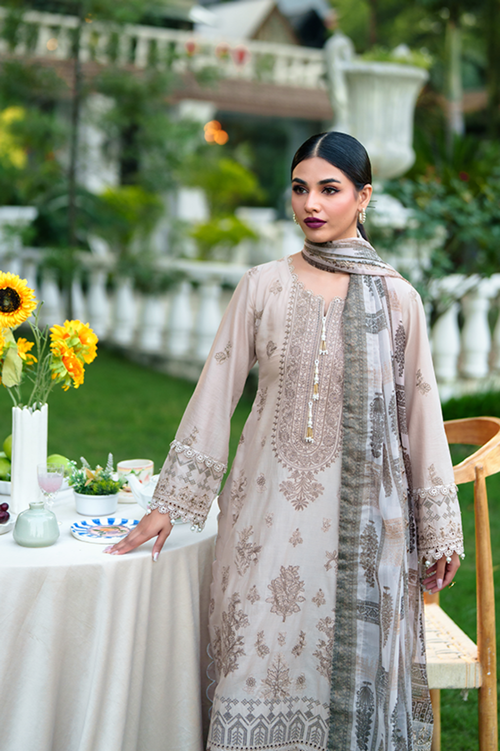 Beige Embroidered Lawn Festive Suit Online in Dubai UAE Abudhabi Ajman Sharjah