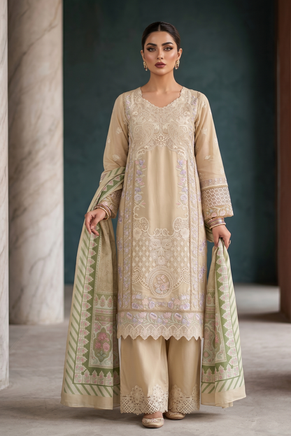Beige Embroidered Lawn Festive Wear Suit Online in Dubai UAE Abudhabi Ajman Sharjah