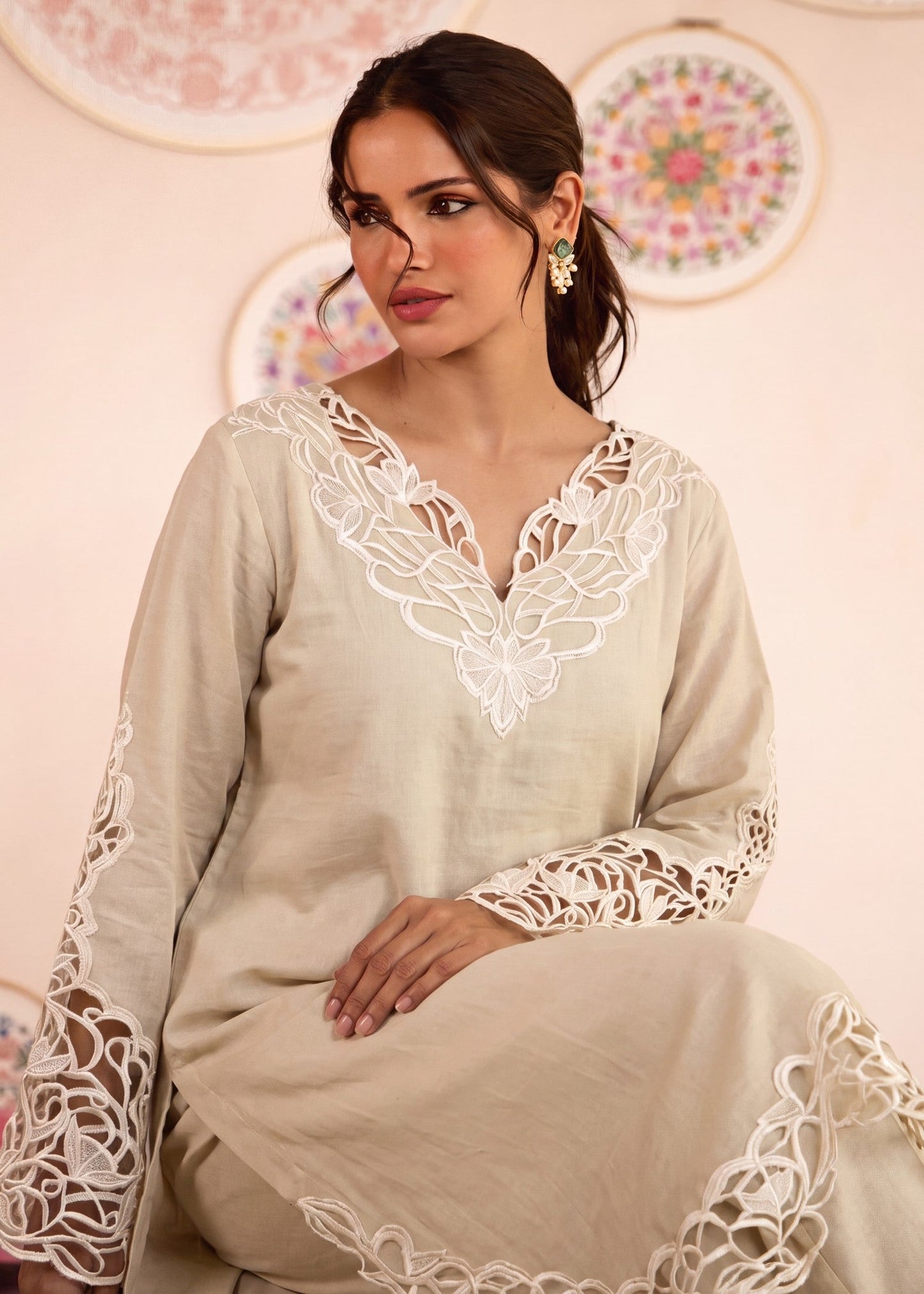 Beige Embroidered Lawn Kurta Pajama Online in Dubai UAE Abudhabi Ajman Sharjah