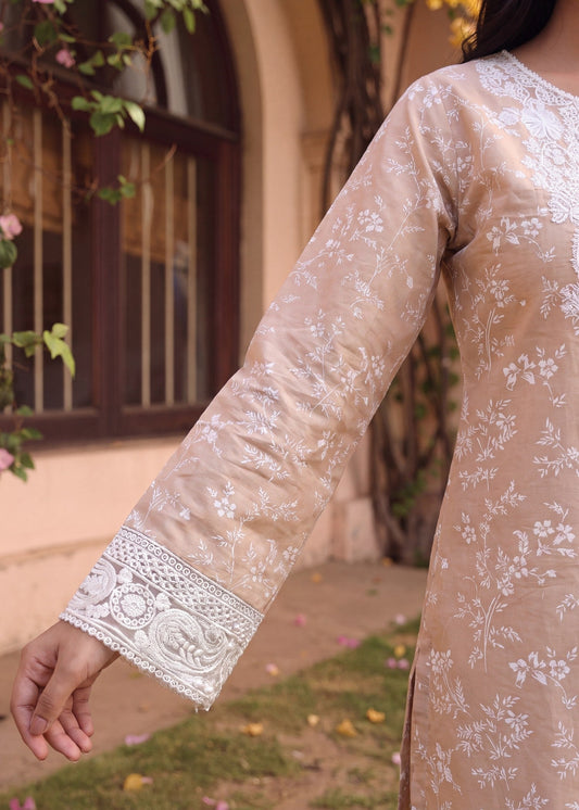 Beige Embroidered Lawn Kurta Pajama Online in Sri Lanka India Australia