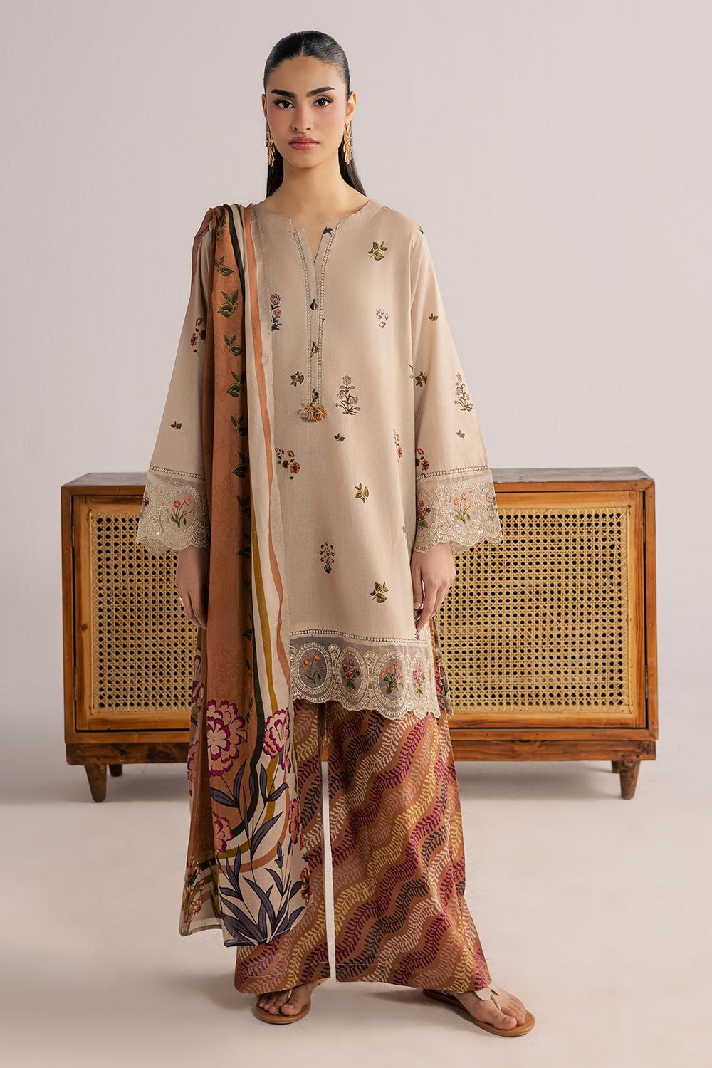 Beige Embroidered Lawn Kurta Set Online in Dubai UAE Abudhabi Ajman Sharjah